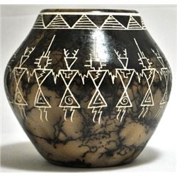 Acoma Pueblo Multiple Dancers Etched Horsehair Pottery - Gary Yellow Corn Louis