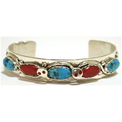 Zuni Coral & Turquoise Sterling Silver Snake Cuff Bracelet - Effie Calavaza