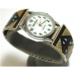 Zuni Multi-Stone Inlay Sterling Silver Men's Watch - Leander & Lisa Otholi