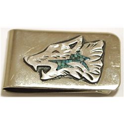 Navajo Turquoise Sterling Silver Wolf Head Money Clip - Richard Singer