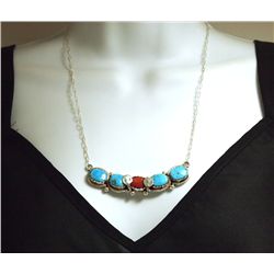 Zuni Coral & Turquoise Sterling Silver Snakes Necklace - Effie Calavaza