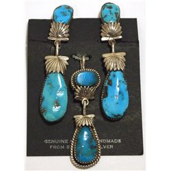 Old Pawn Zuni Sleeping Beauty Turquoise Sterling Silver Earrings & Pendant Set - Robert & Bernice Le