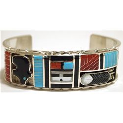 Zuni Multi-Stone Inlay Bear & Sun Face Sterling Silver Cuff Bracelet - Don Dewa