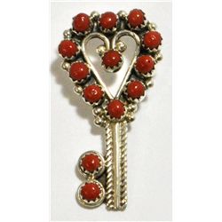 Navajo Coral Heart-Shaped Key Sterling Silver Pendant - MCA