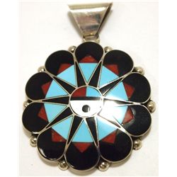 Zuni Multi-Stone Inlay Sun Face Sterling Silver Pendant - Delwin Gasper