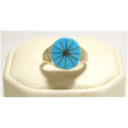 Zuni Turquoise Inlay Sterling Silver Women's Ring - Johnson Laweka