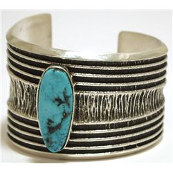 Navajo Kingman Turquoise Sterling Silver Tufa Cast Cuff Bracelet - Philander B Begay