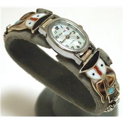 Zuni Multi-Stone Inlay Owl Sterling Silver Women's Watch - Pitkin Natewa