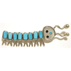 Zuni Multi-Stone Inlay Caterpillar Sterling Silver Pin - Emma Edaakie