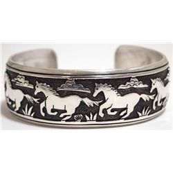 Navajo Sterling Silver Horses Cuff Bracelet - Tommy Singer