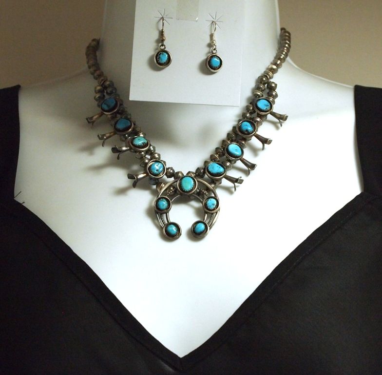 Navajo Turquoise Sterling Silver Squash Blossom Necklace & Earrings Set