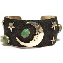 Navajo Green Fox Turquoise Sterling Silver Moon & Stars Cuff Bracelet - Shakey