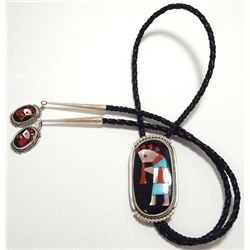 Zuni Multi-Stone Inlay Kokopelli Sterling Silver Bolo Tie - Beverly Etsate