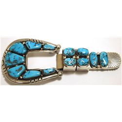 Old Pawn Zuni Sleeping Beauty Turquoise Sterling Silver Ranger Buckle - Robert & Bernice Leekya