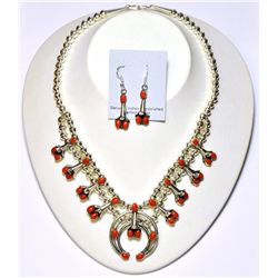 Navajo Coral Squash Blossom Necklace & Earrings Set - Phil & Lenore Garcia