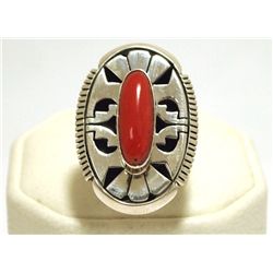 Navajo Coral Sterling Silver Women's Ring - Eugene Belone