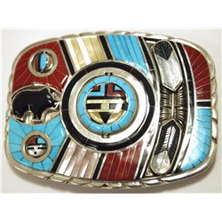 Zuni Multi-Stone Inlay Sun Face Spinner Sterling Silver Buckle - Don Dewa