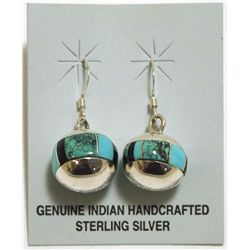 Zuni Turquoise & Onyx Inlay Sterling Silver Sphere French Hook Earrings - Edison Yazzie