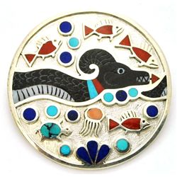 Zuni Multi-Stone Sea Serpent Sterling Silver Circle Pendant & Pin - Rudell & Nancy Laconsello