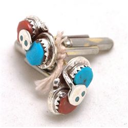 Zuni Coral and Turquoise Snake Cufflinks - Effie Calavaza