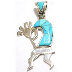 Navajo Turquoise Kokopelli Sterling Silver Pendant - Calvin Begay