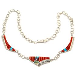 Navajo Coral Sun Face Sterling Silver Necklace - Wilbert Manning