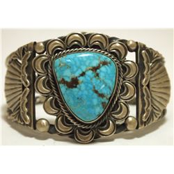 Old Pawn Navajo Spider Web Kingman Turquoise Sterling Silver Cuff Bracelet - Sheila Tso