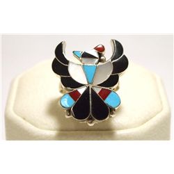 Zuni Multi-Stone Inlay Knifewing Kachina Sterling Silver Women's Ring - Breon Wallace