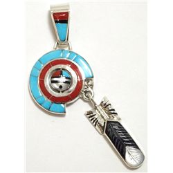 Zuni Multi-Stone Inlay Sun Face Spinner Sterling Silver Pendant - Don Dewa