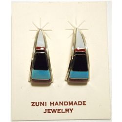 Zuni Multi-Stone Inlay Sterling Silver Curved Post Earrings - C.S. Lonjose