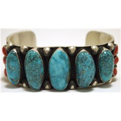 Navajo Coral & Morenci Turquoise Sterling Silver Cuff Bracelet - Nelvin Burbank