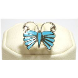 Zuni Turquoise Inlay Sterling Silver Butterfly Women's Ring - Earline Edaakie