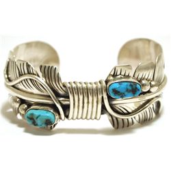 Navajo Turquoise Sterling Silver Feather Cuff Bracelet - Mike Thomas, Jr.