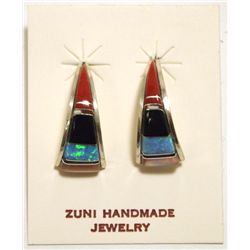 Zuni Multi-Stone Inlay Sterling Silver Curved Post Earrings - C.S. Lonjose