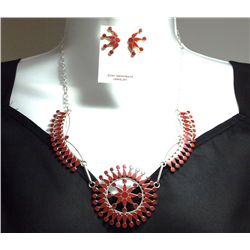 Zuni Coral Sterling Silver Necklace & Earrings Set - Fadrian & Vivica Bowannie