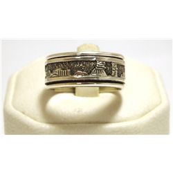 Navajo Spinner Sterling Silver Pueblo Scene Men's Ring - Elaine Becenti