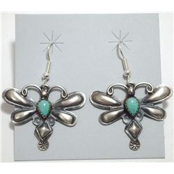 Navajo Green Turquoise Sterling Silver Dragonfly French Hook Earrings - Tim Yazzie