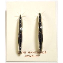 Zuni Onyx Inlay Sterling Silver Half-Ring Post Earrings - Susan Kalestewa