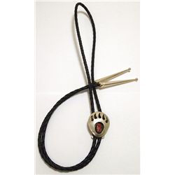 Navajo Coral Sterling Silver Bear Paw Bolo Tie - Joey McCray