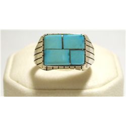 Navajo Turquoise Inlay Sterling Silver Men's Ring - Ray Jack