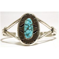 Navajo Spider Web Kingman Turquoise Sterling Silver Cuff Bracelet - Eugene Belone