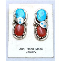 Zuni Coral and Turquoise Large Snake Earrings - Effie Calavaza