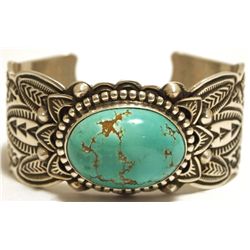 Old Pawn Navajo Smiths Turquoise Sterling Silver Cuff Bracelet - Arnold Blackgoat