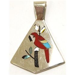 Zuni Multi-Stone Inlay Macaw Sterling Silver Pendant - Sanford Edaakie