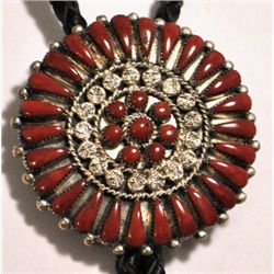 Zuni Coral Needlepoint Sterling Silver Bolo Tie - Bernall Natewa