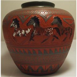 Navajo Etched & Painted Horses Pottery - Aaron Watchman