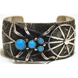 Navajo Turquoise Sterling Silver Spider & Web Cuff Bracelet - Darren Livingston