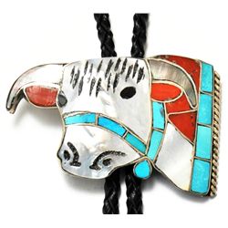 Zuni Multi-Stone Cow Sterling Silver Bolo Tie - Helen & Lincoln Zunie