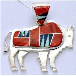 Navajo Multi-Stone Large Bull Sterling Silver Pendant - Calvin Begay