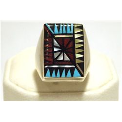 Zuni Multi-Stone Inlay Sterling Silver Men's Ring - Angelena Laahty